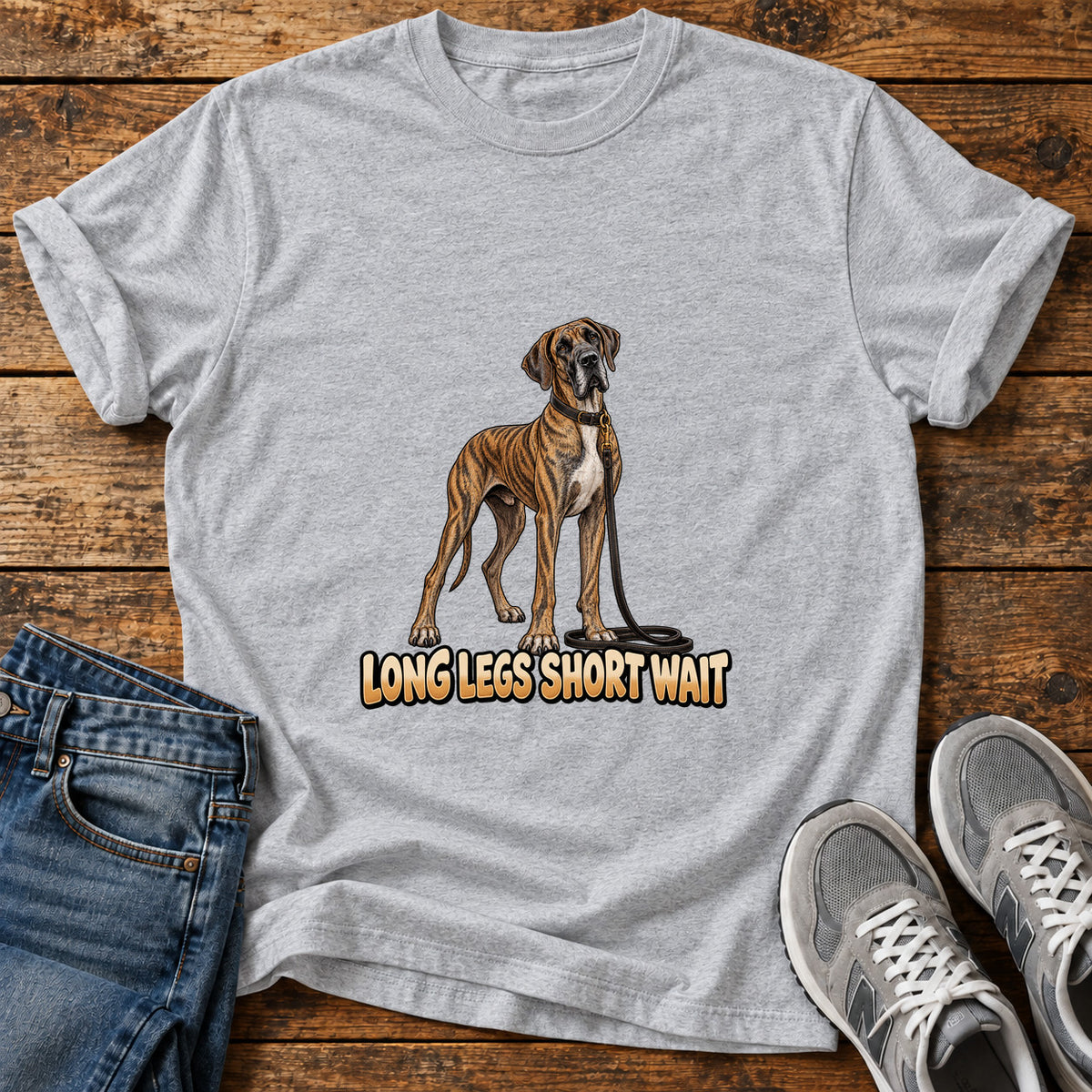 Long Legs Great Dane graphic T-shirt in Sport Grey, shown on a flat-lay shirt mockup