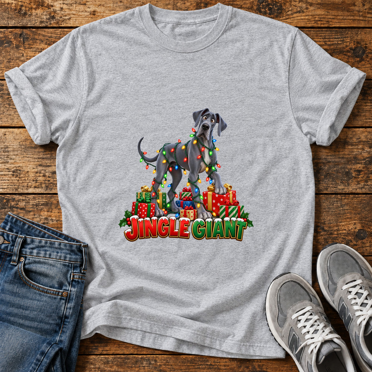 Jingle Giant Great Dane graphic T-shirt in Sport Grey, shown on a flat-lay shirt mockup