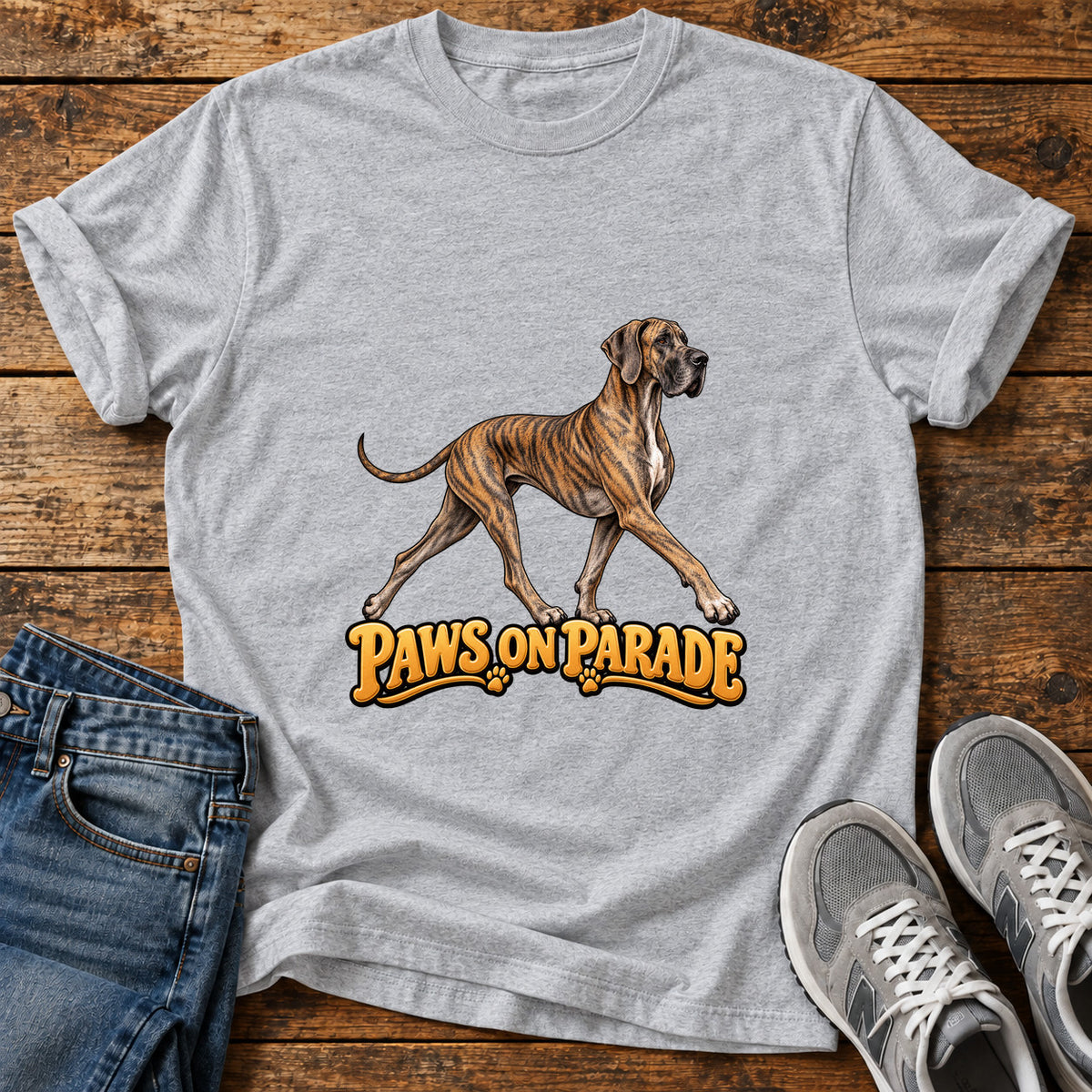 Paws On Parade Great Dane graphic T-shirt in Sport Grey, shown on a flat-lay shirt mockup