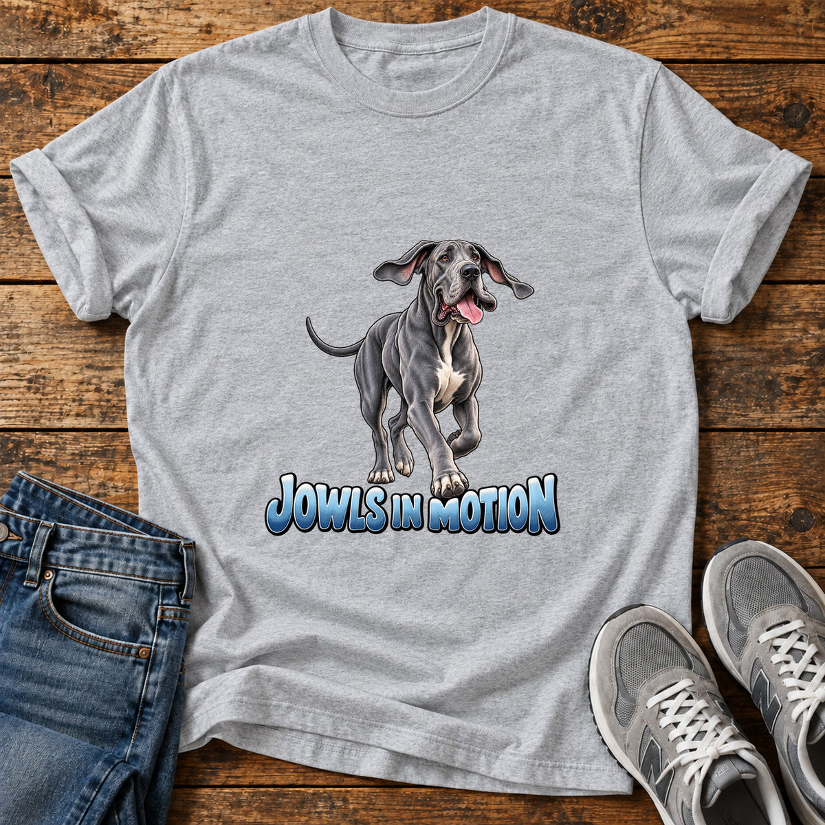 Jowls In Motion Great Dane graphic T-shirt in Sport Grey, shown on a flat-lay shirt mockup