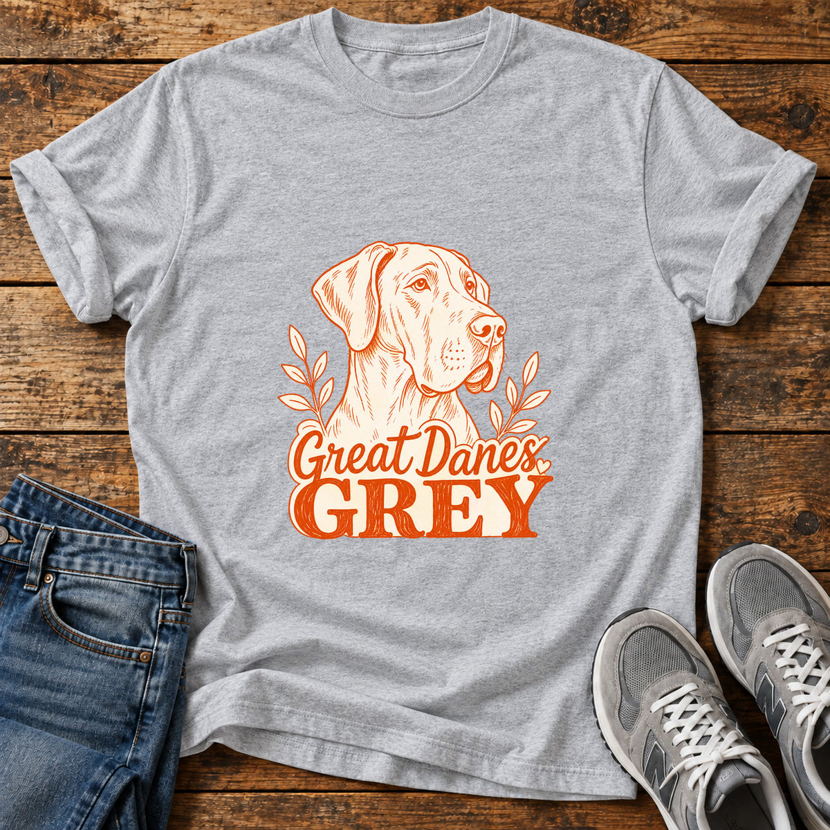 Great Danes Grey graphic T-shirt in Sport Grey, shown on a flat-lay shirt mockup