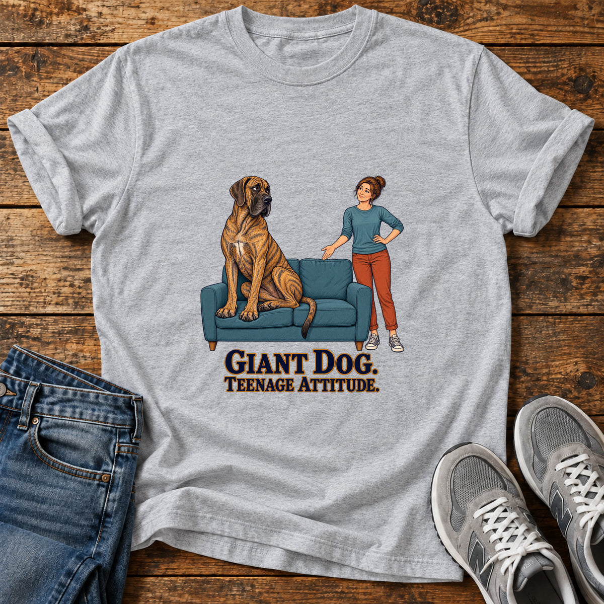 Giant Dog Attitude Great Dane graphic T-shirt in Sport Grey, shown on a flat-lay shirt mockup
