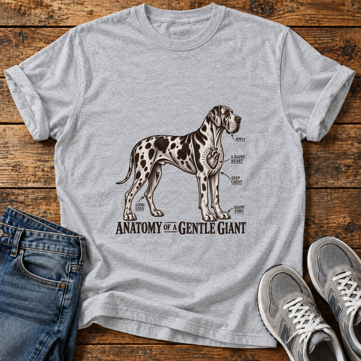 Gentle Giant Anatomy Great Dane graphic T-shirt in Sport Grey, shown on a flat-lay shirt mockup