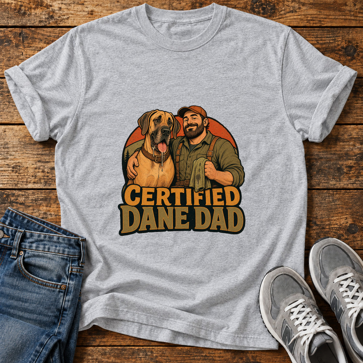Certified Dane Dad Great Dane graphic T-shirt in Sport Grey, shown on a flat-lay shirt mockup
