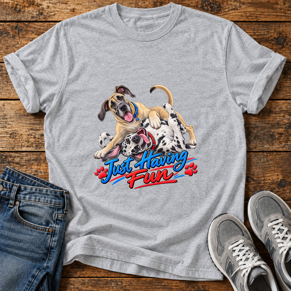 Just Having Fun Great Dane graphic T-shirt in Sport Grey, shown on a flat-lay shirt mockup