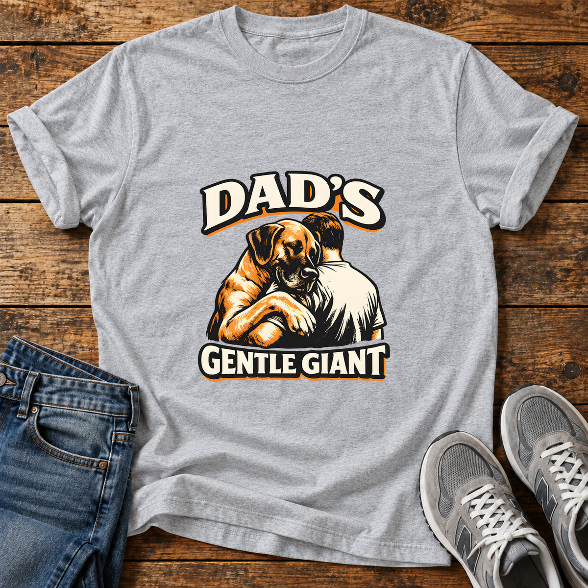 Dad's Gentle Giant Great Dane graphic T-shirt in Sport Grey, shown on a flat-lay shirt mockup