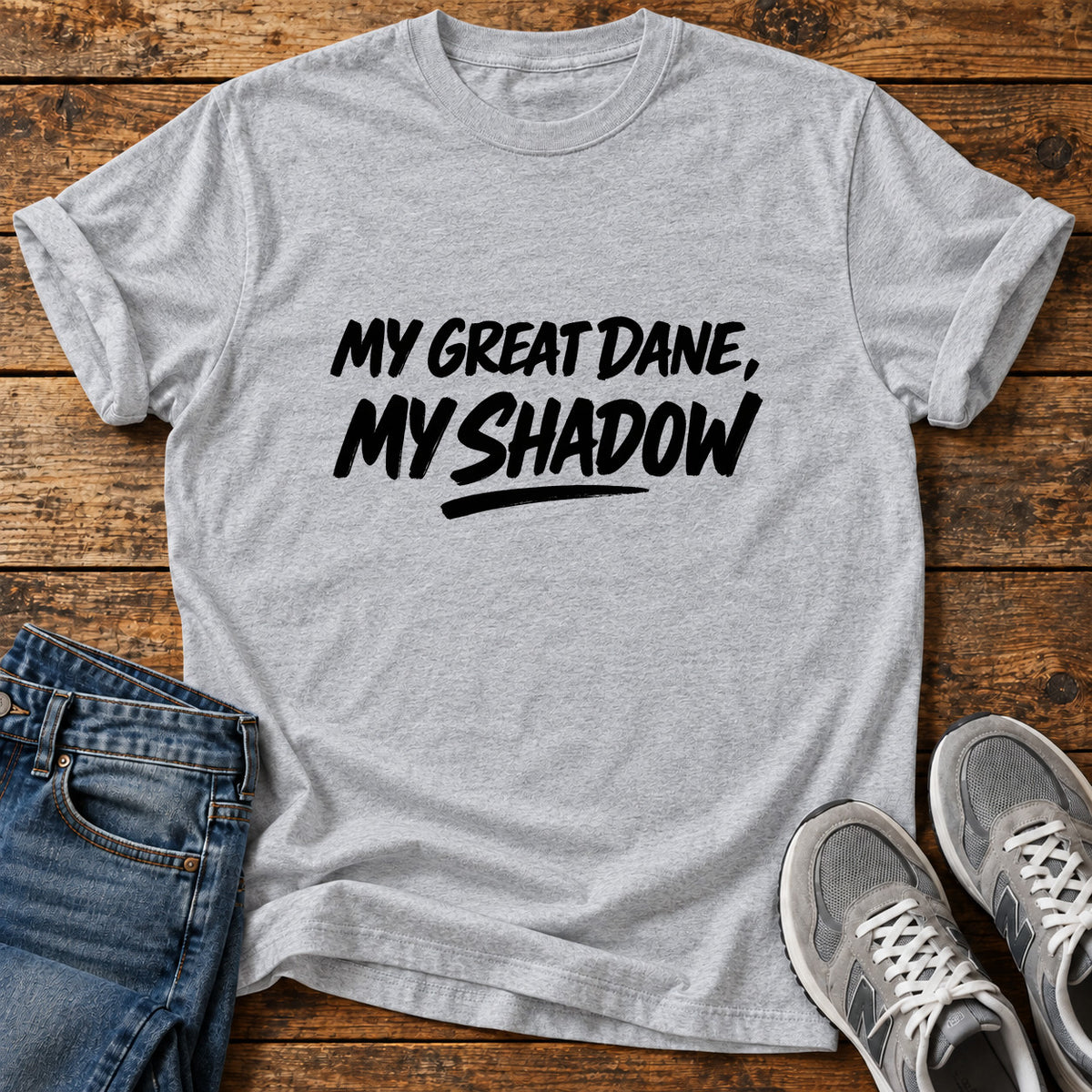 Great Dane Shadow graphic T-shirt in Sport Grey, shown on a flat-lay shirt mockup