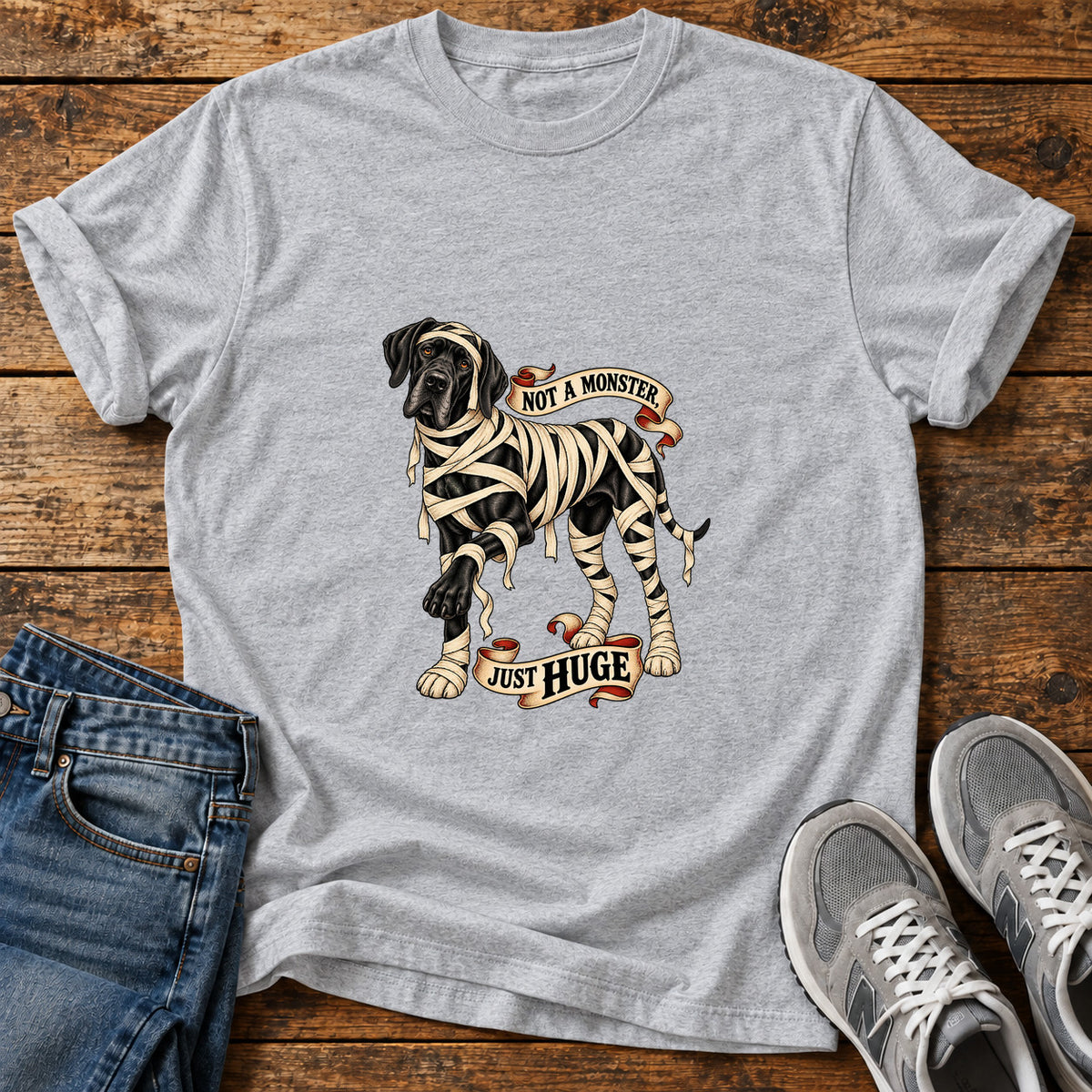 Not A Monster Great Dane graphic T-shirt in Sport Grey, shown on a flat-lay shirt mockup