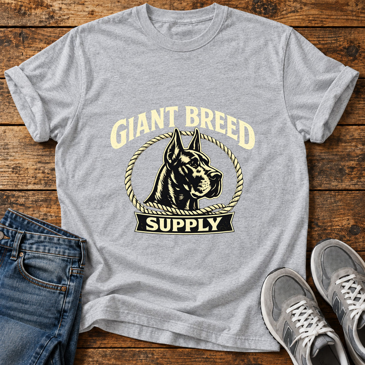 Giant Breed Supply Great Dane graphic T-shirt in Sport Grey, shown on a flat-lay shirt mockup
