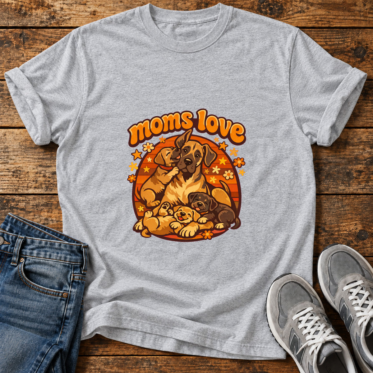 Moms Love Great Dane graphic T-shirt in Sport Grey, shown on a flat-lay shirt mockup