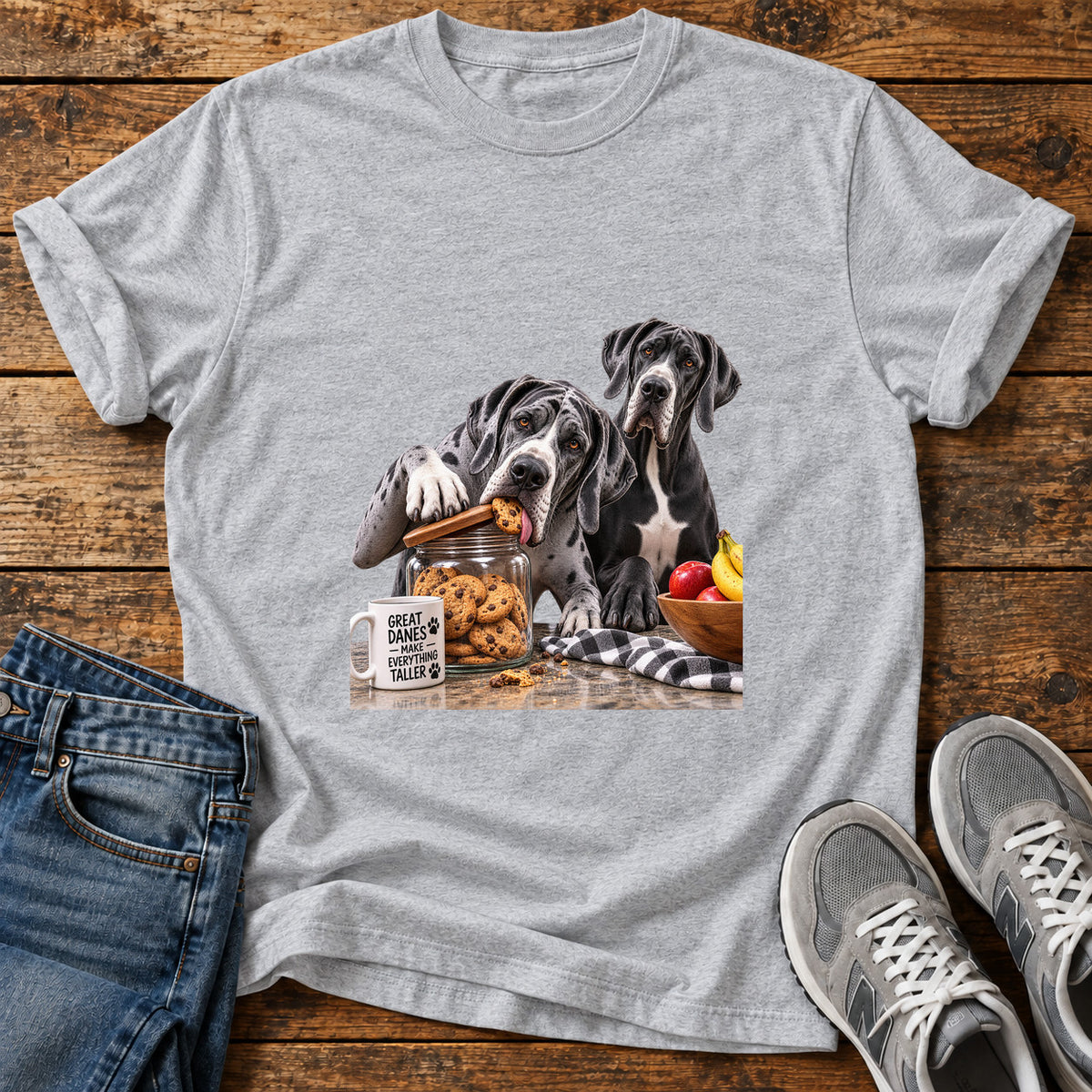 Great Danes Taller graphic T-shirt in Sport Grey, shown on a flat-lay shirt mockup