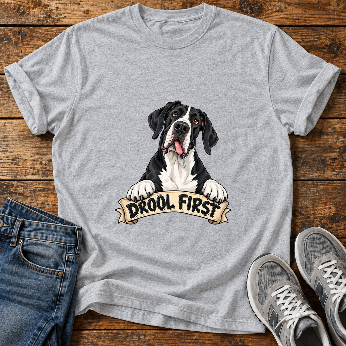 Drool First Great Dane graphic T-shirt in Sport Grey, shown on a flat-lay shirt mockup