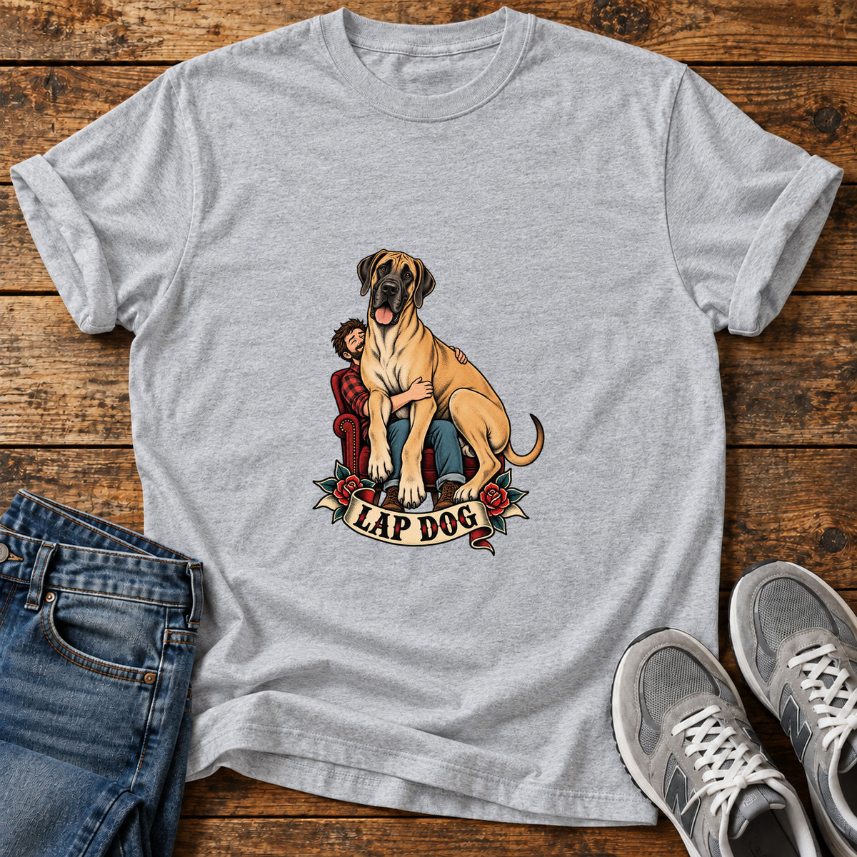 Lap Dog Great Dane graphic T-shirt in Sport Grey, shown on a flat-lay shirt mockup