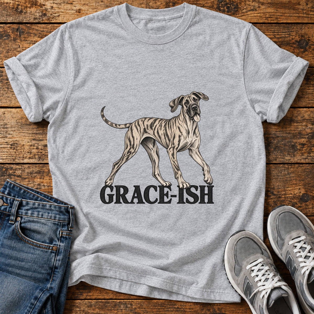 Grace-Ish Dog Great Dane graphic T-shirt in Sport Grey, shown on a flat-lay shirt mockup