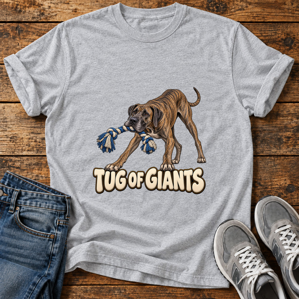 Tug of Giants Great Dane graphic T-shirt in Sport Grey, shown on a flat-lay shirt mockup
