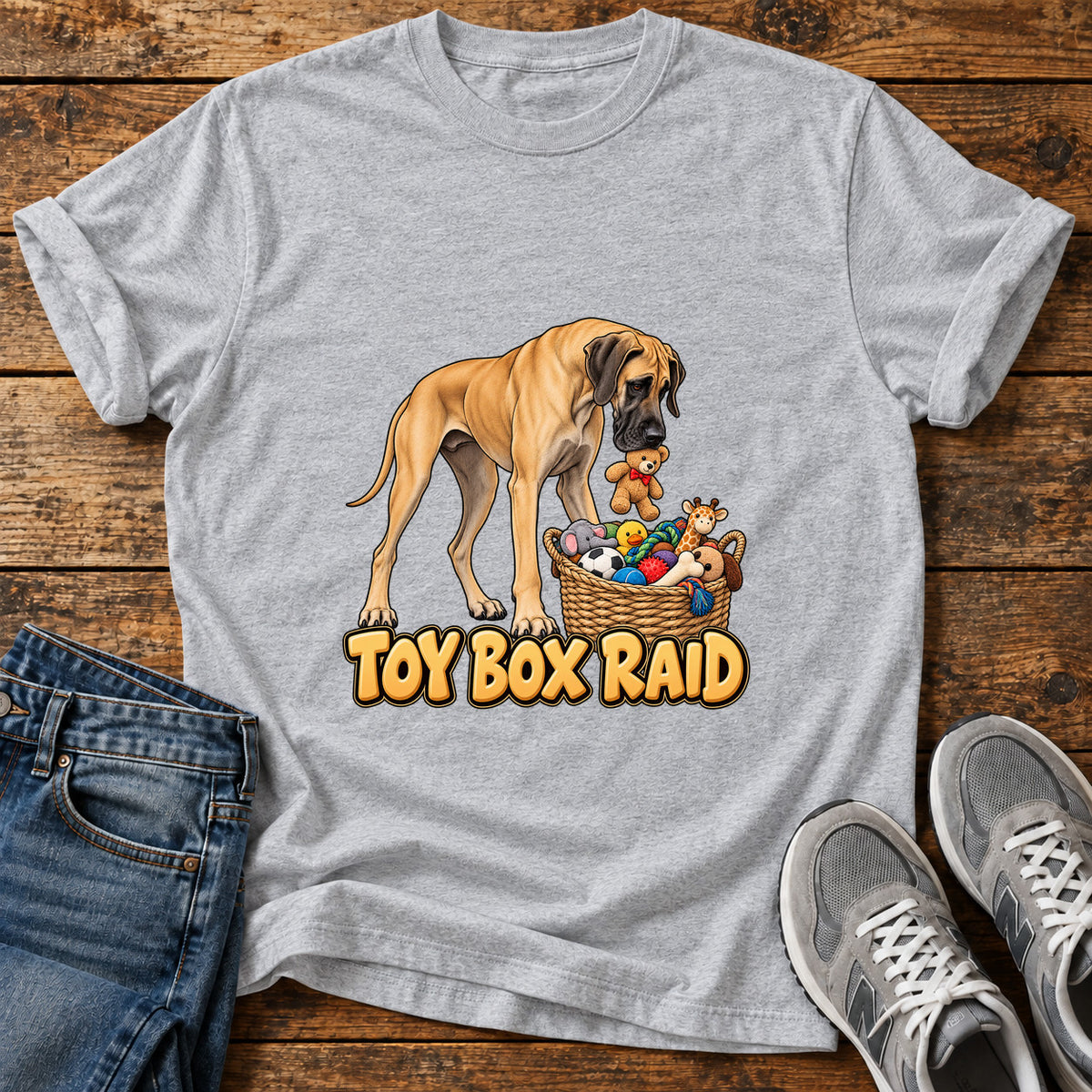 Toy Box Raid Great Dane graphic T-shirt in Sport Grey, shown on a flat-lay shirt mockup