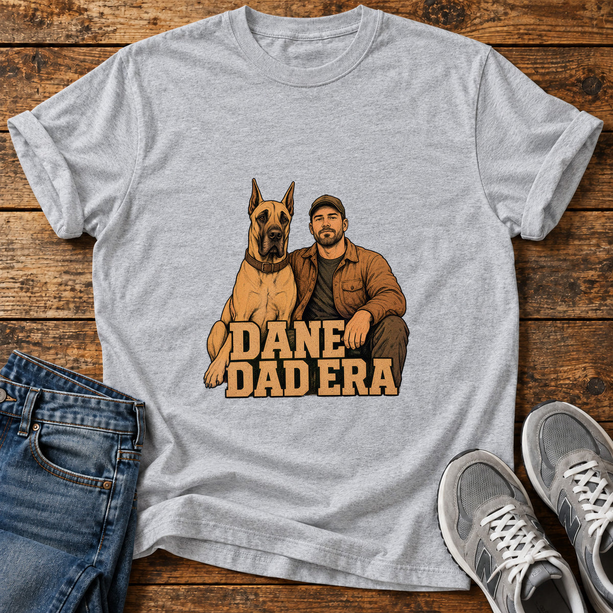 Dane Dad Era Great Dane graphic T-shirt in Sport Grey, shown on a flat-lay shirt mockup