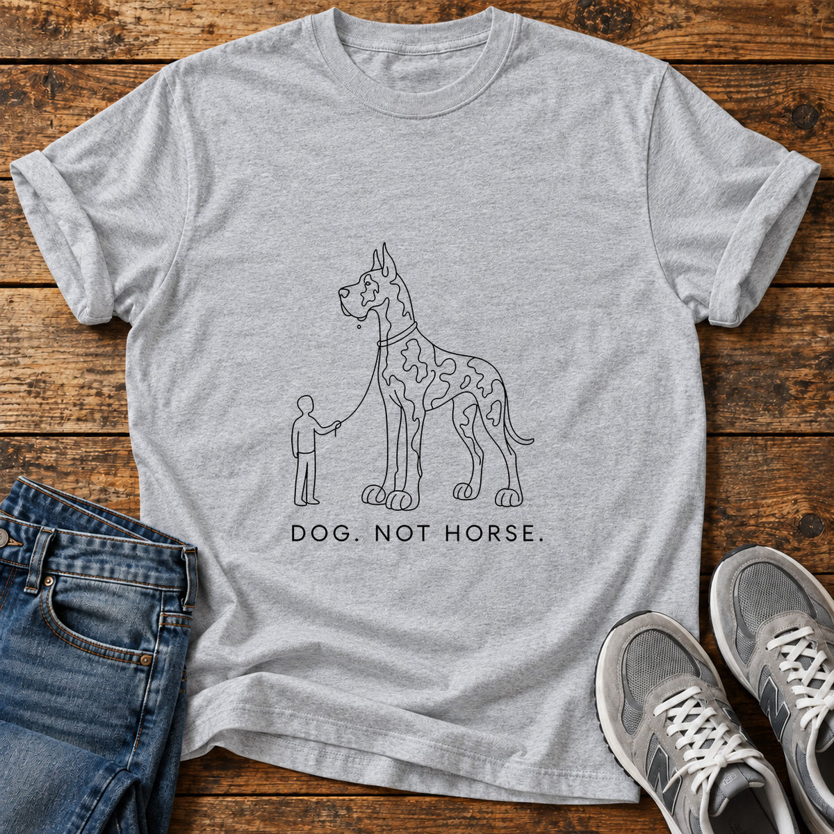 Dog Not Horse Great Dane graphic T-shirt in Sport Grey, shown on a flat-lay shirt mockup