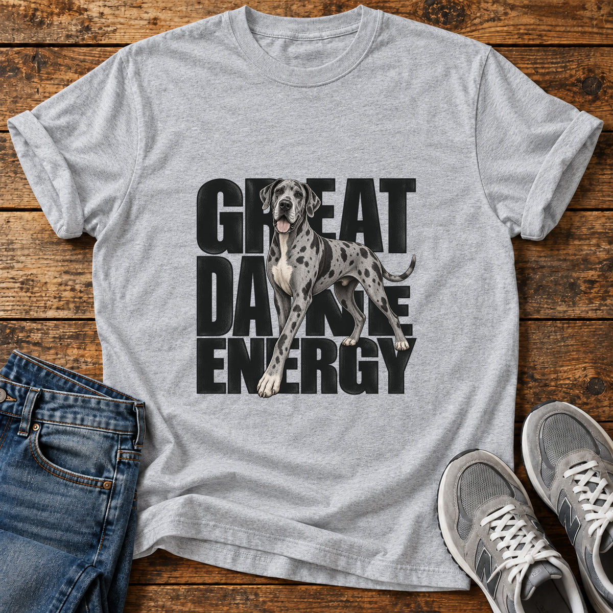 Great Dane Energy graphic T-shirt in Sport Grey, shown on a flat-lay shirt mockup