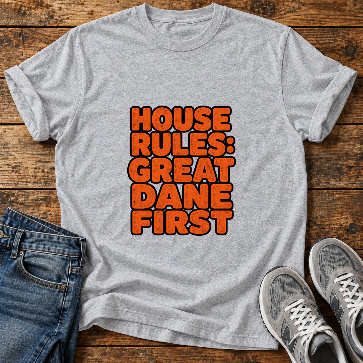 Great Dane Rules graphic T-shirt in Sport Grey, shown on a flat-lay shirt mockup