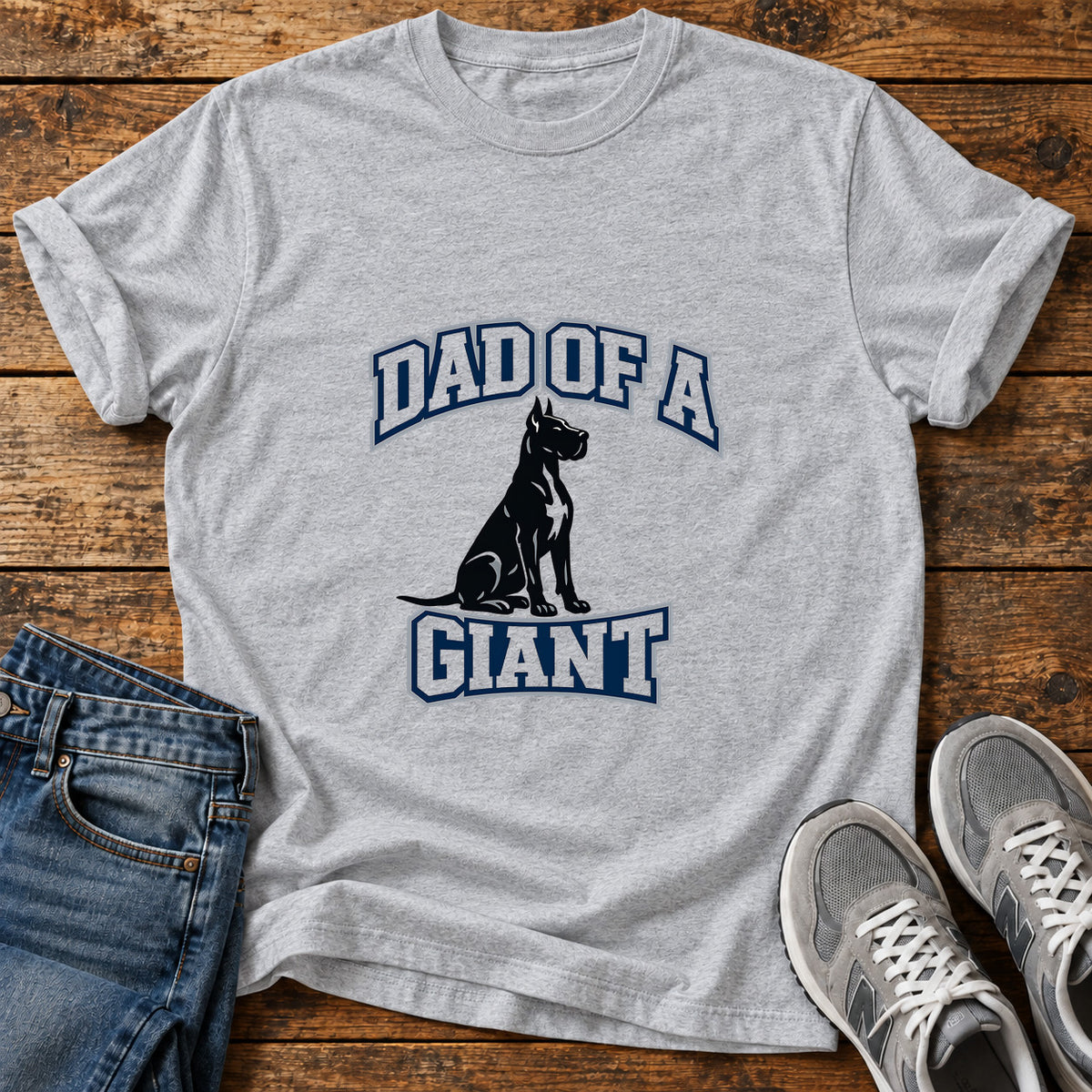 Dad Of Giant Great Dane graphic T-shirt in Sport Grey, shown on a flat-lay shirt mockup