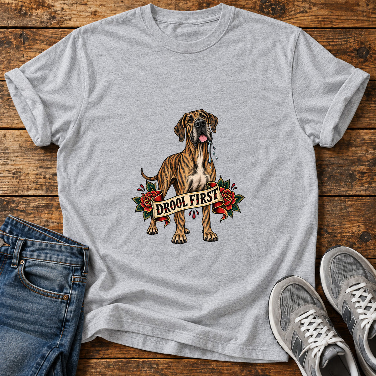Drool First Great Dane graphic T-shirt in Sport Grey, shown on a flat-lay shirt mockup