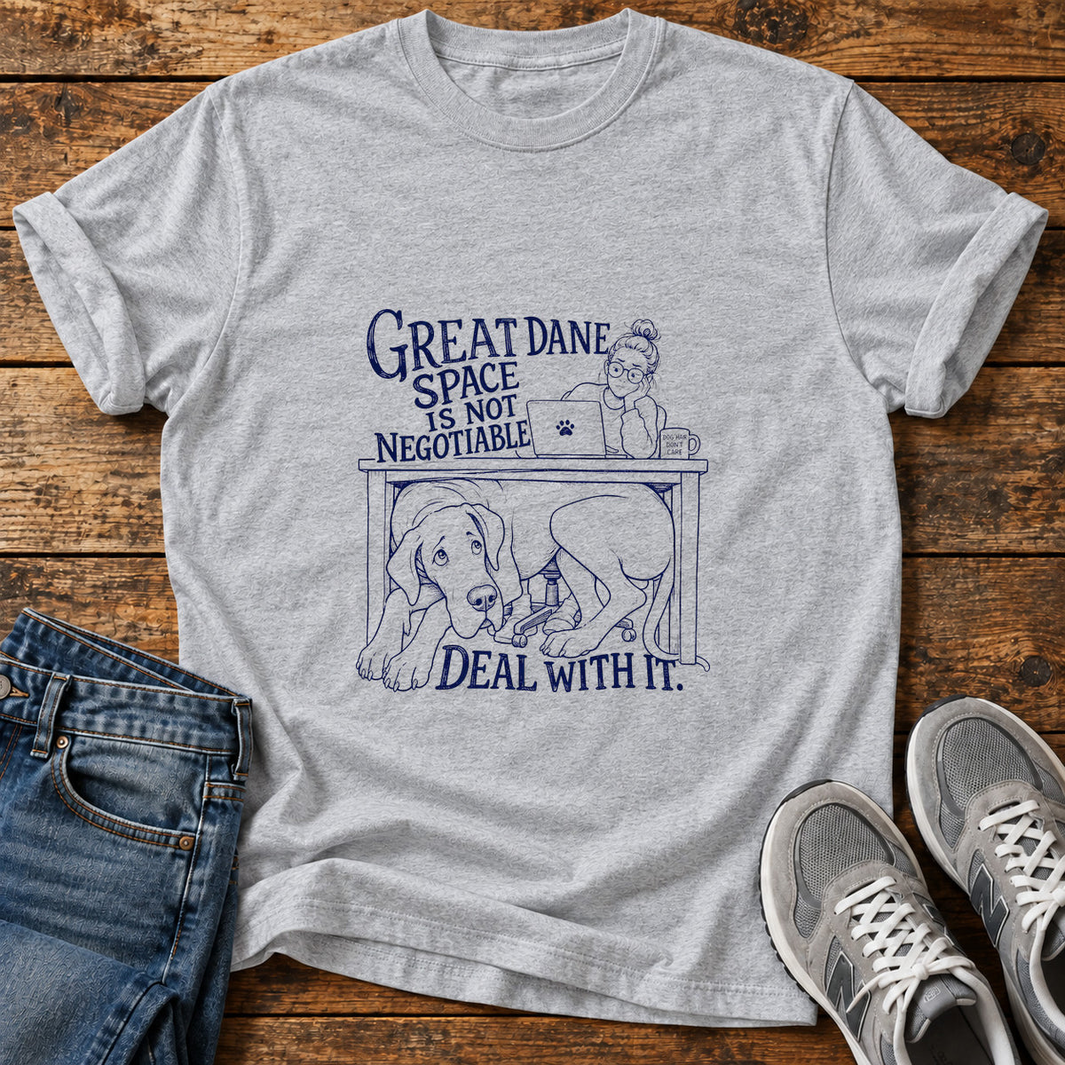 Great Dane Space graphic T-shirt in Sport Grey, shown on a flat-lay shirt mockup