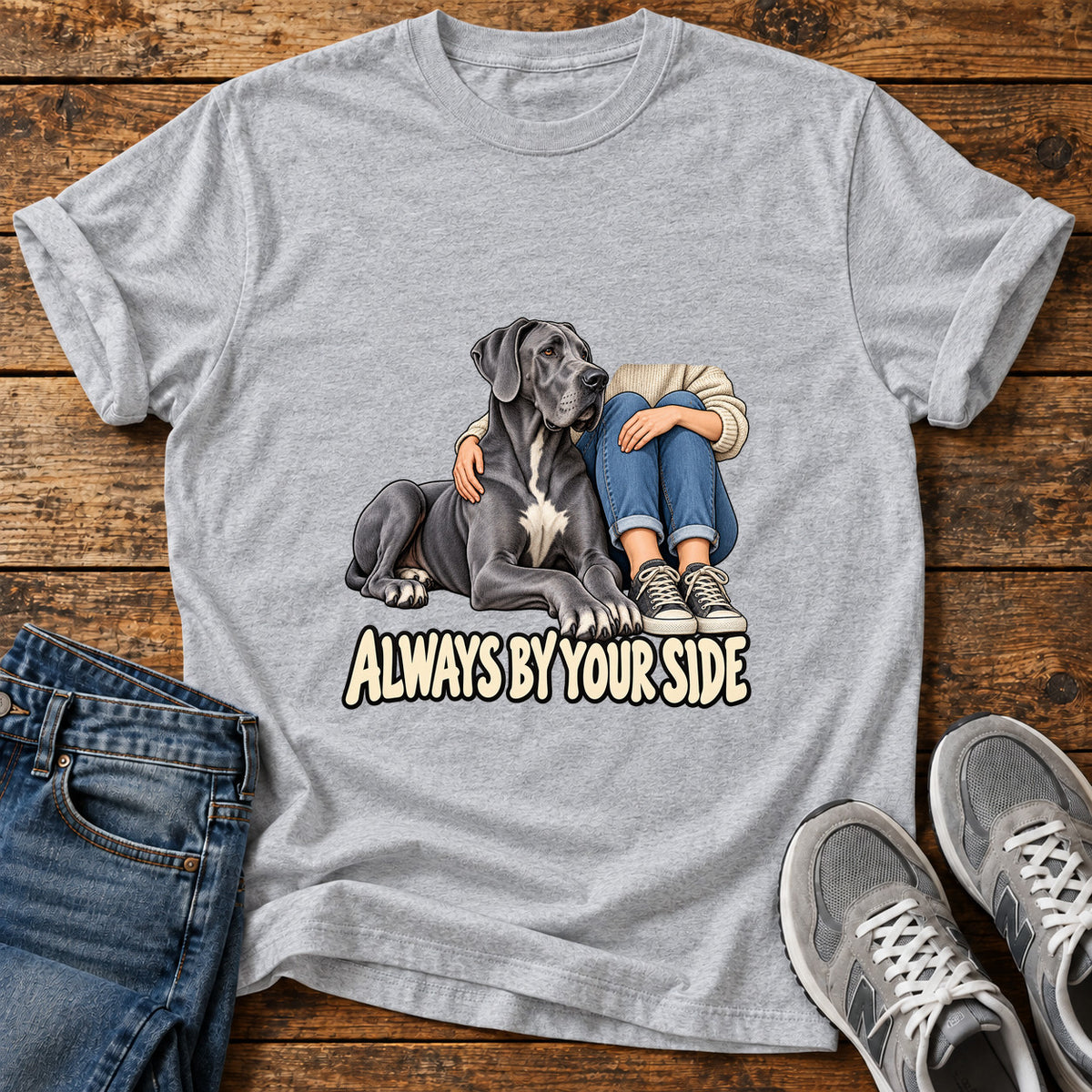 Always By Your Great Dane graphic T-shirt in Sport Grey, shown on a flat-lay shirt mockup