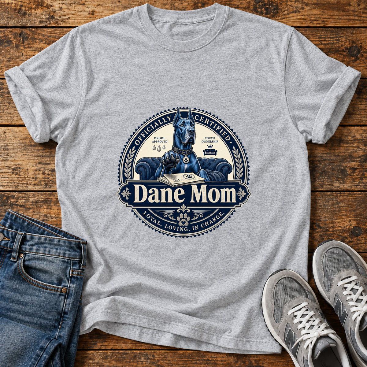 Dane Mom Great Dane graphic T-shirt in Sport Grey, shown on a flat-lay shirt mockup