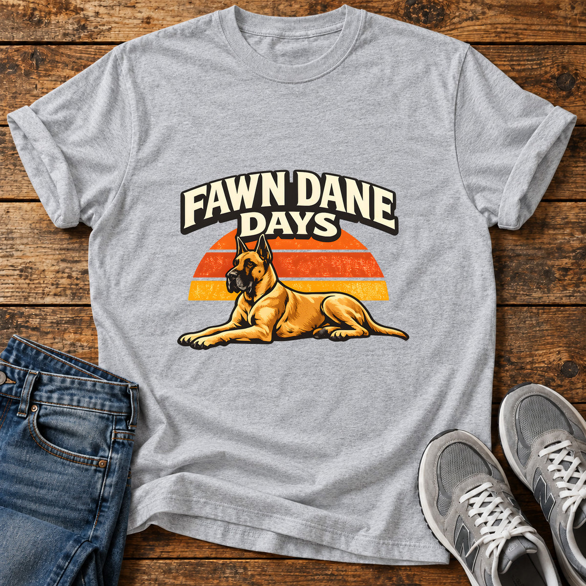 Fawn Dane Days Great Dane graphic T-shirt in Sport Grey, shown on a flat-lay shirt mockup