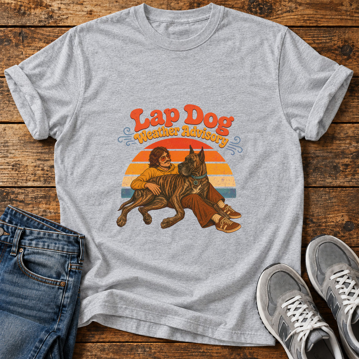 Lap Dog Advisory Great Dane graphic T-shirt in Sport Grey, shown on a flat-lay shirt mockup