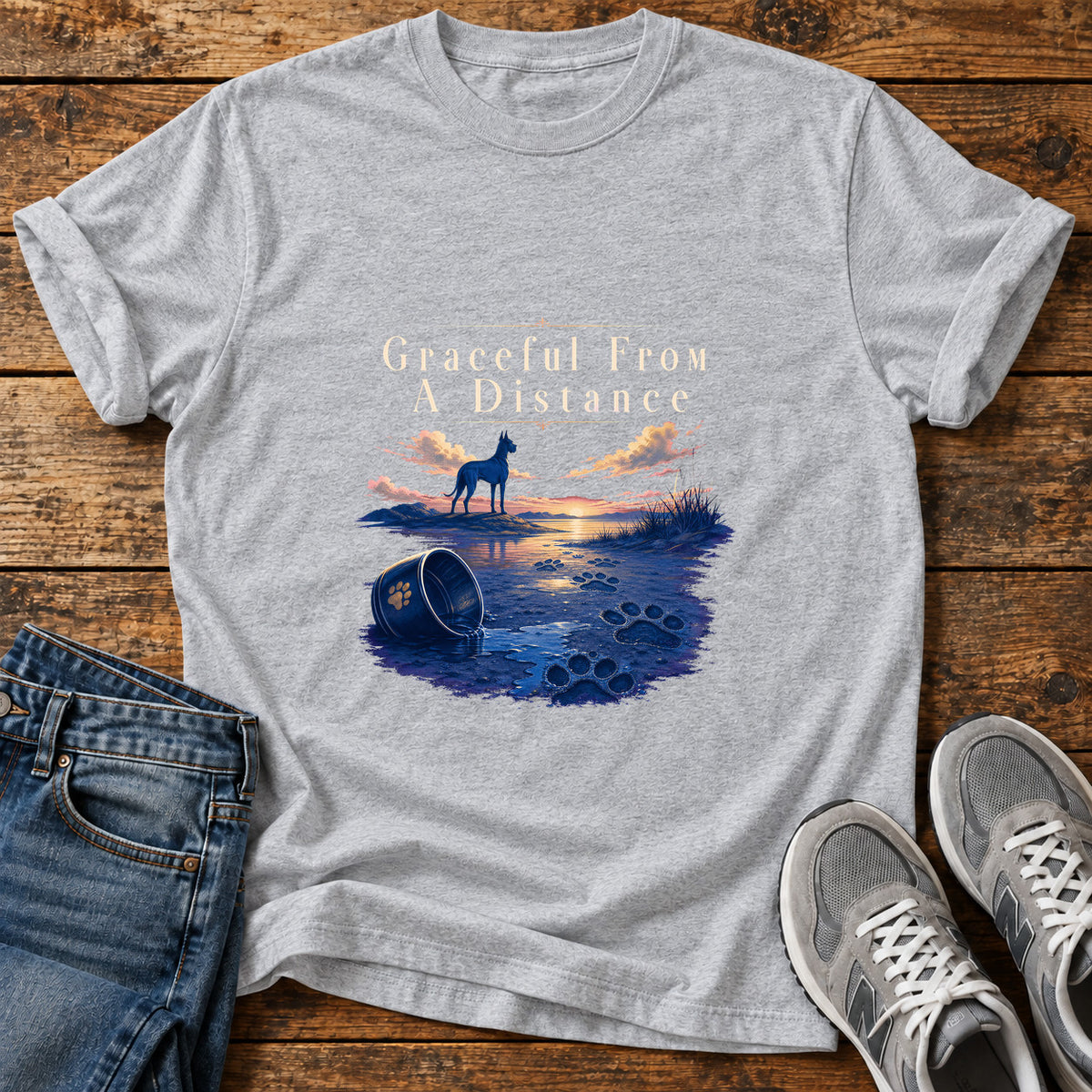 Graceful Distance Great Dane graphic T-shirt in Sport Grey, shown on a flat-lay shirt mockup