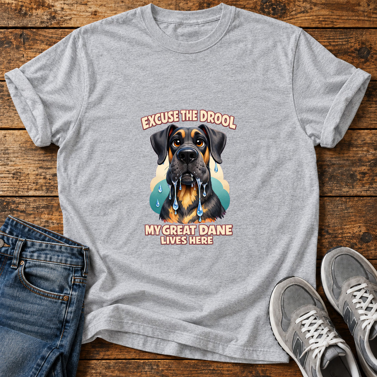 Excuse The Drool Great Dane graphic T-shirt in Sport Grey, shown on a flat-lay shirt mockup