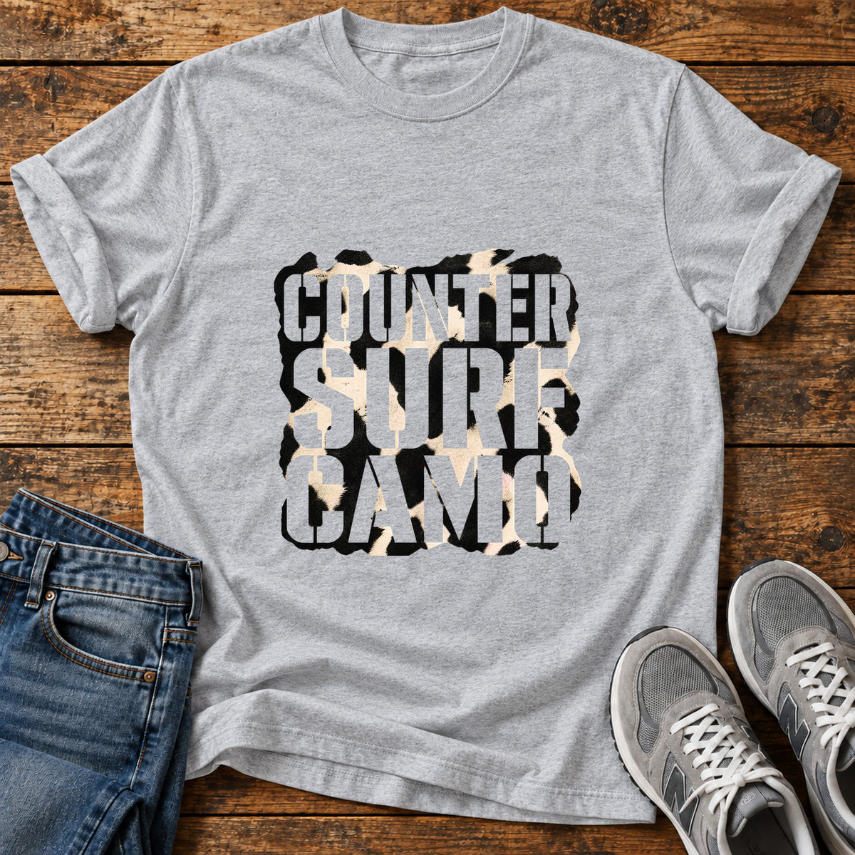 Counter Surf Camo Great Dane graphic T-shirt in Sport Grey, shown on a flat-lay shirt mockup