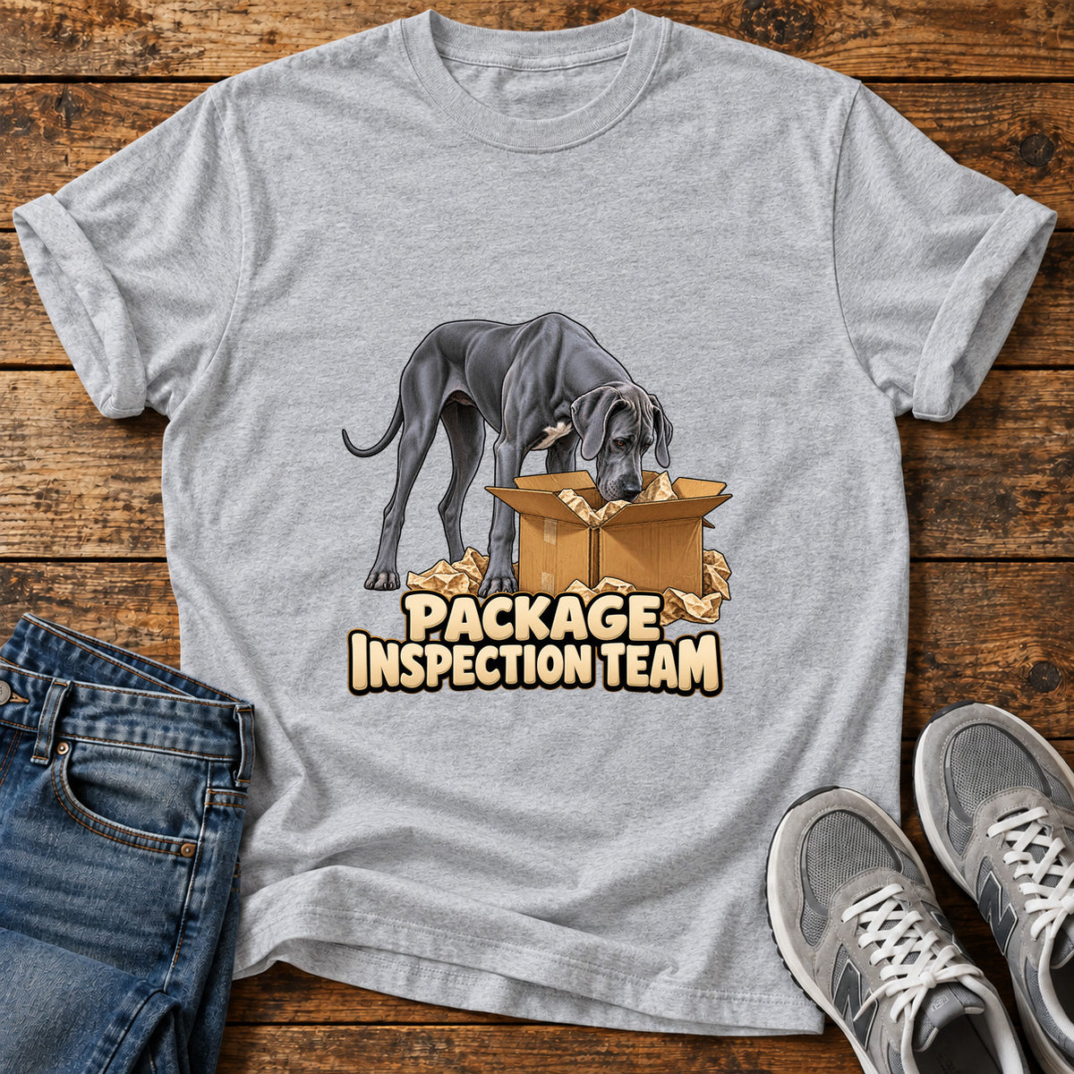 Package Dog Patrol Great Dane graphic T-shirt in Sport Grey, shown on a flat-lay shirt mockup