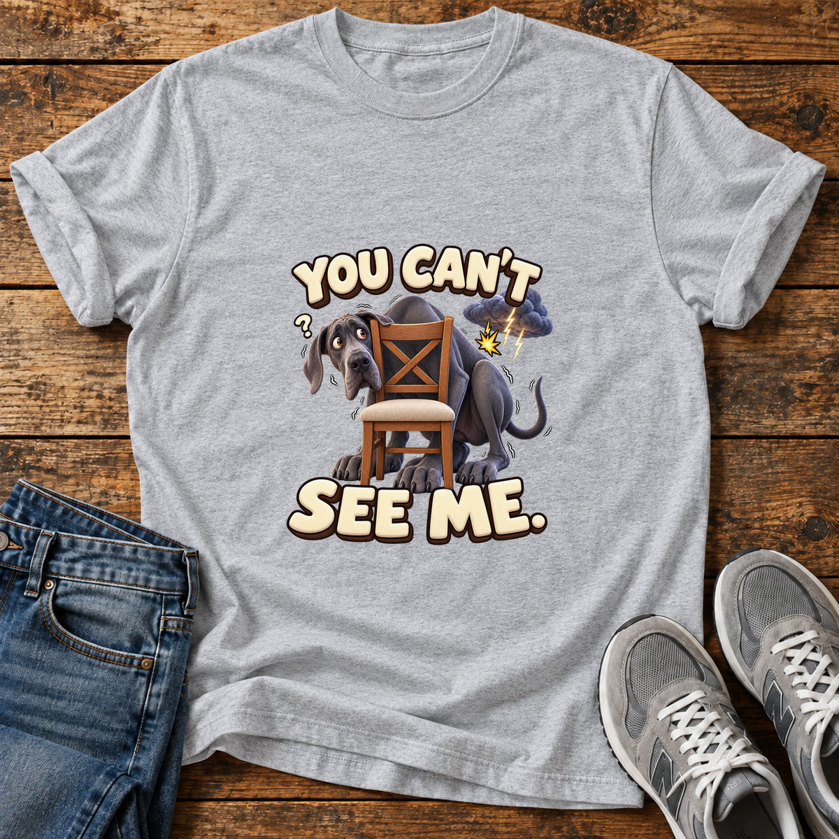 You Can't See Great Dane graphic T-shirt in Sport Grey, shown on a flat-lay shirt mockup