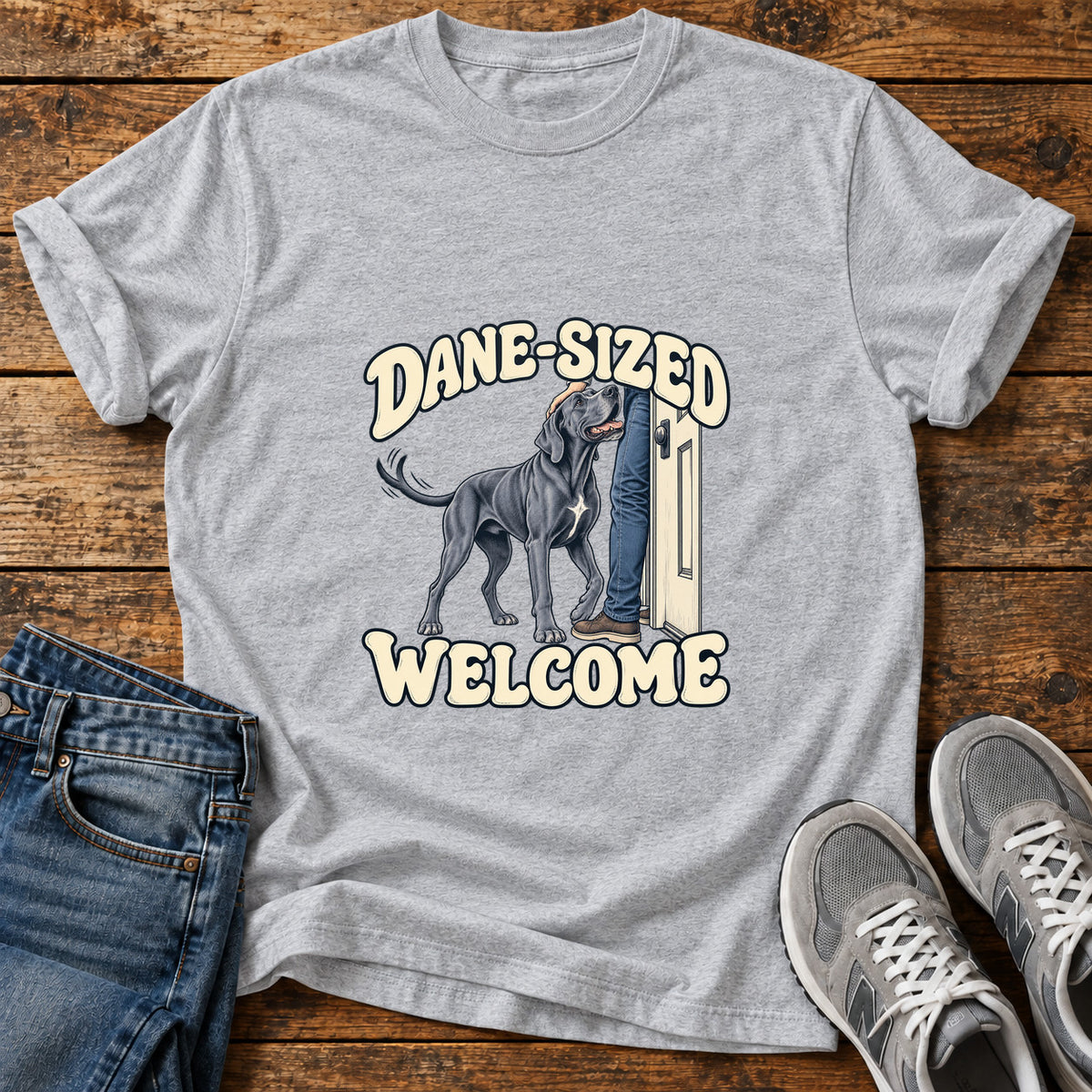 Dane-Sized Welcome Great Dane graphic T-shirt in Sport Grey, shown on a flat-lay shirt mockup