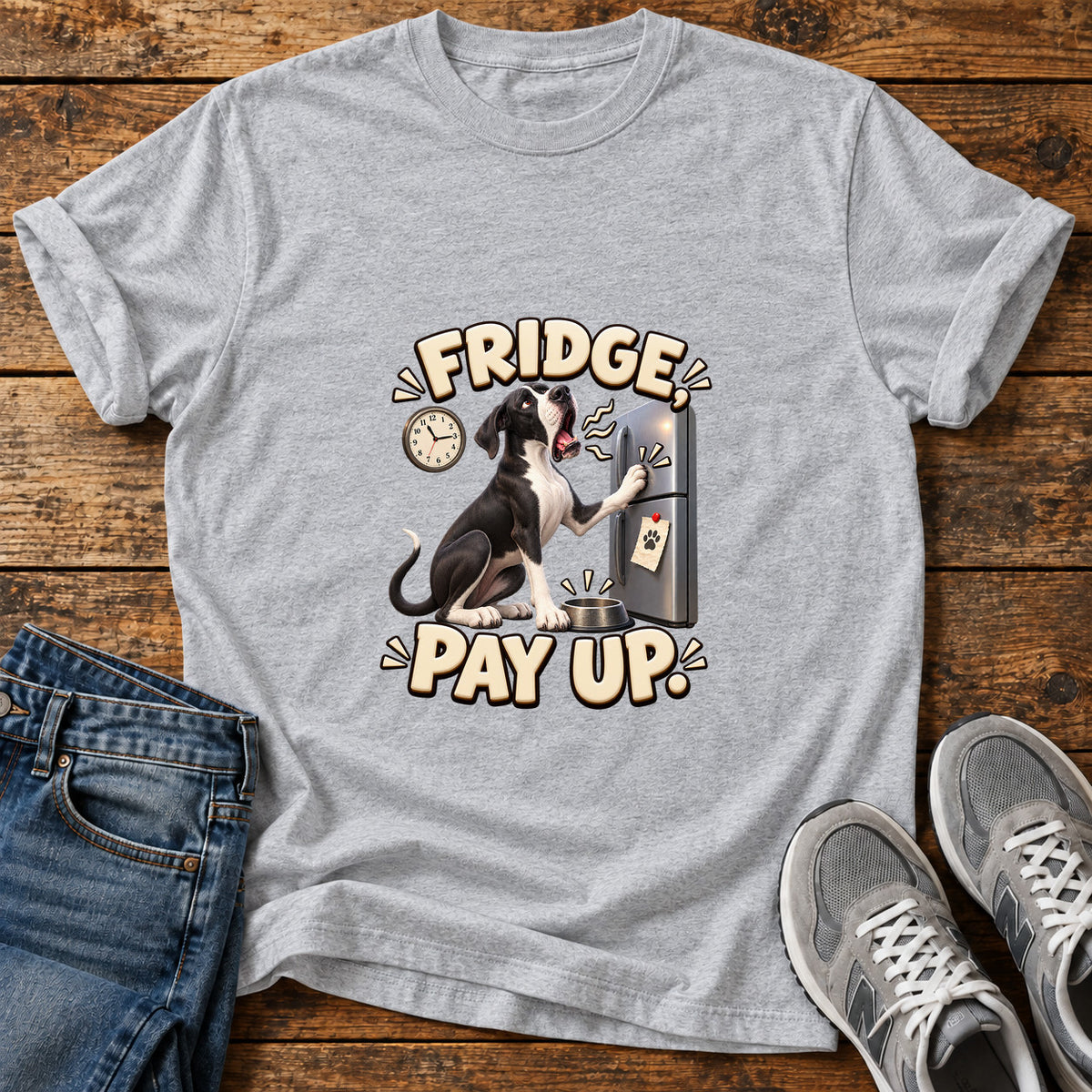 Fridge Pay Up Great Dane graphic T-shirt in Sport Grey, shown on a flat-lay shirt mockup