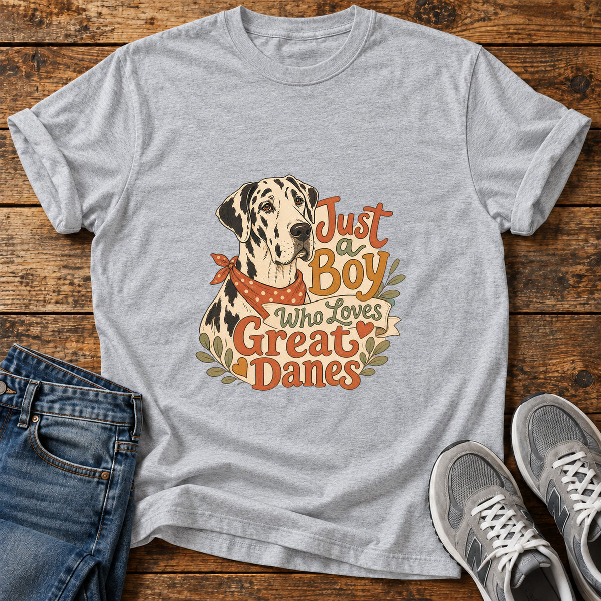 Just a Boy Great Dane graphic T-shirt in Sport Grey, shown on a flat-lay shirt mockup