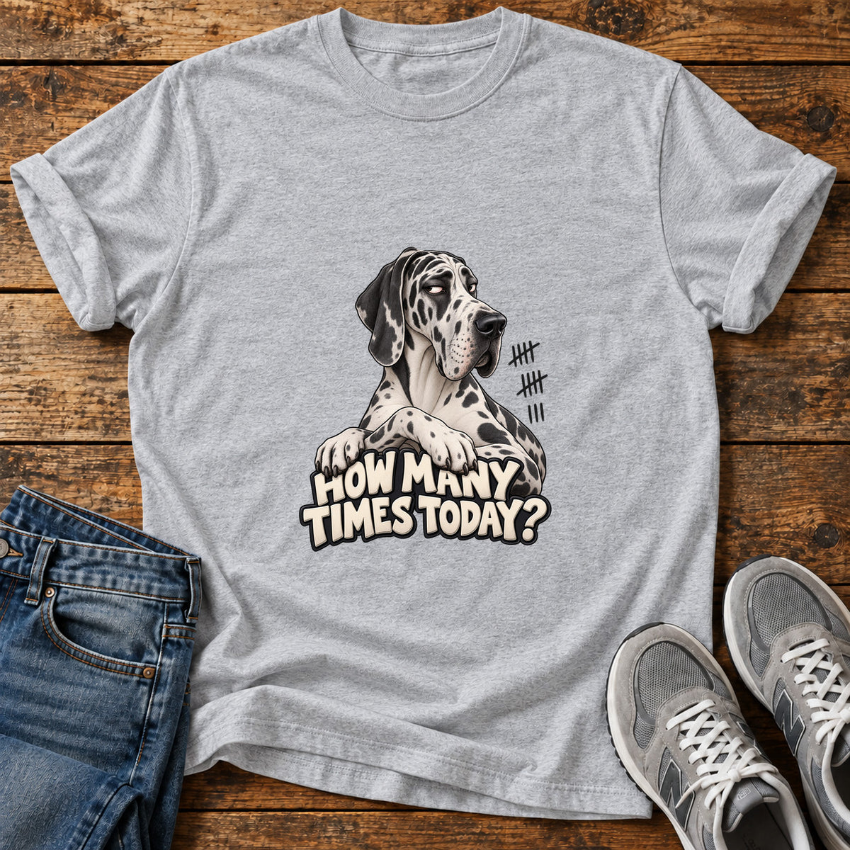 How Many Times Great Dane graphic T-shirt in Sport Grey, shown on a flat-lay shirt mockup