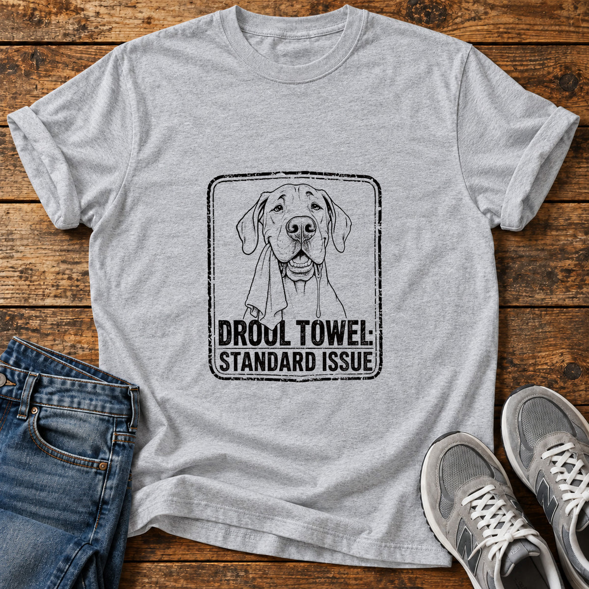 Drool Towel Great Dane graphic T-shirt in Sport Grey, shown on a flat-lay shirt mockup