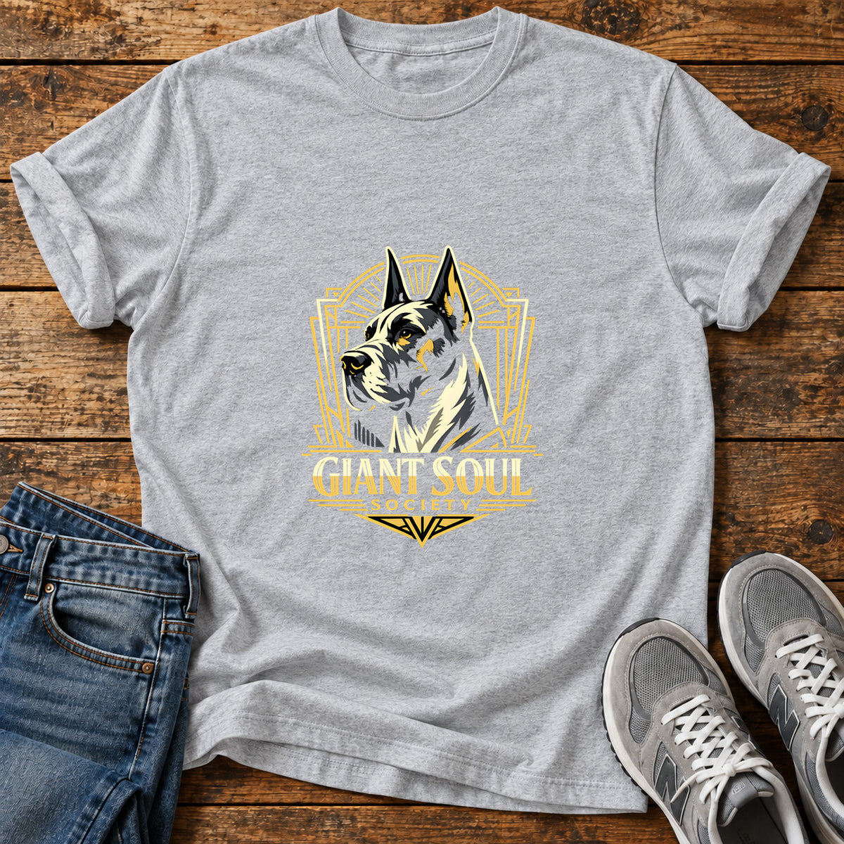 Giant Soul Society Great Dane graphic T-shirt in Sport Grey, shown on a flat-lay shirt mockup