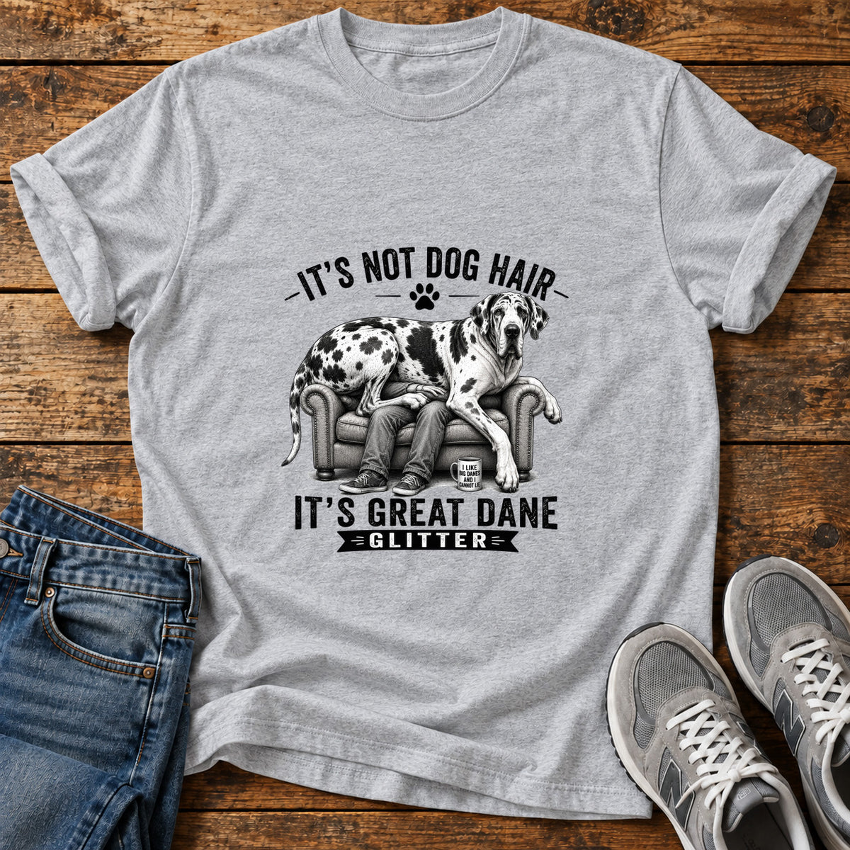 Great Dane Glitter graphic T-shirt in Sport Grey, shown on a flat-lay shirt mockup