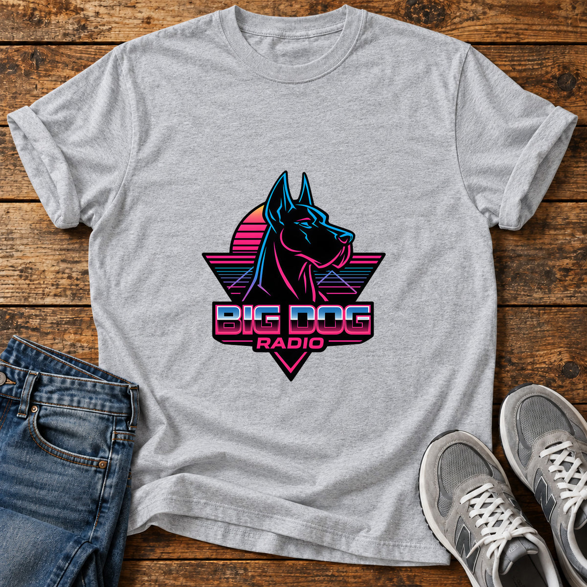 Big Dog Radio Great Dane graphic T-shirt in Sport Grey, shown on a flat-lay shirt mockup