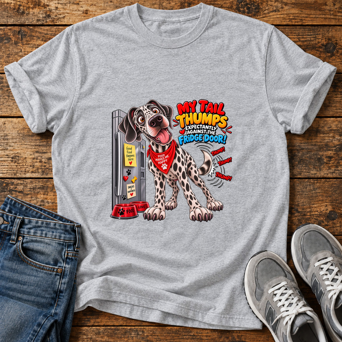 My Tail Thumps Great Dane graphic T-shirt in Sport Grey, shown on a flat-lay shirt mockup