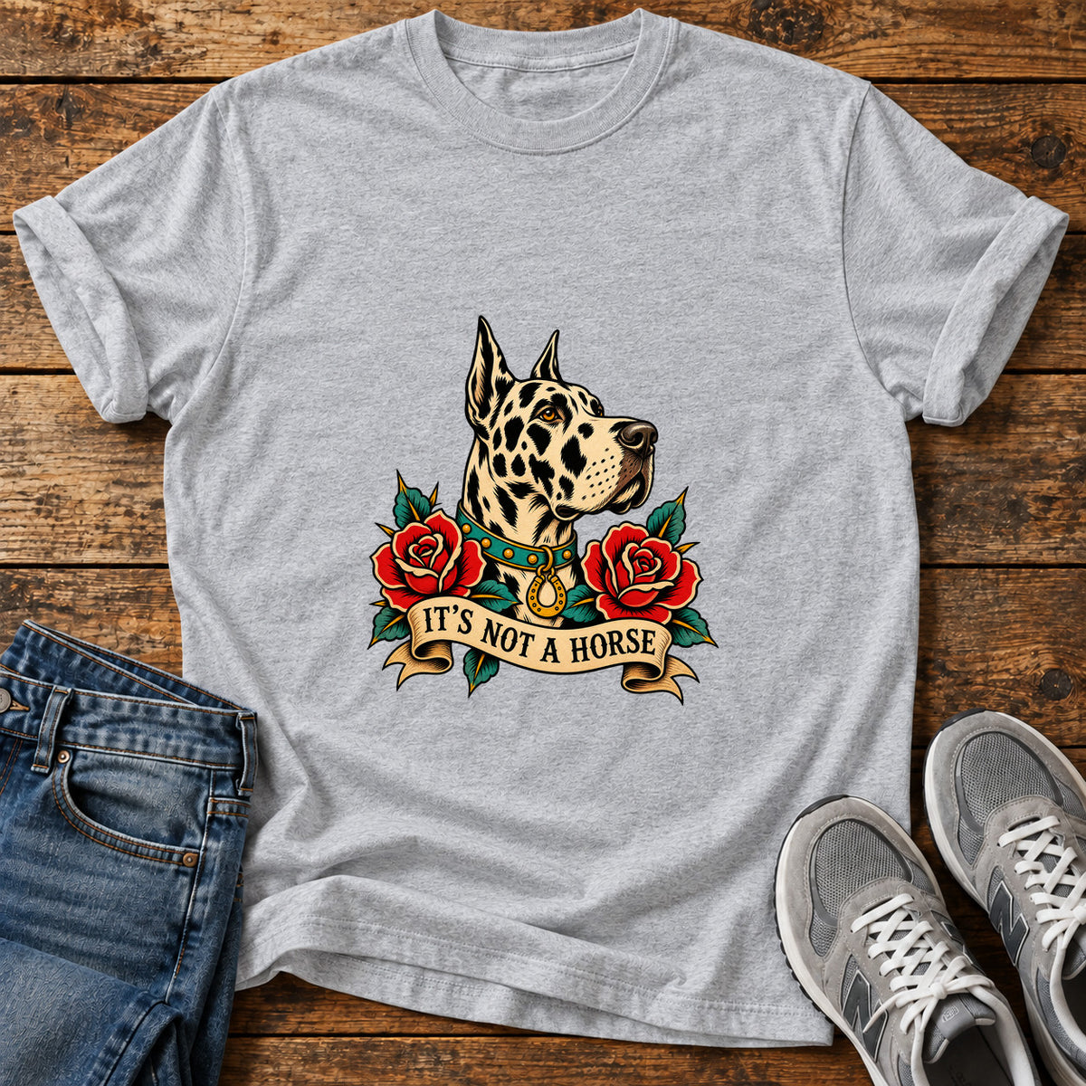 It's Not A Great Dane graphic T-shirt in Sport Grey, shown on a flat-lay shirt mockup