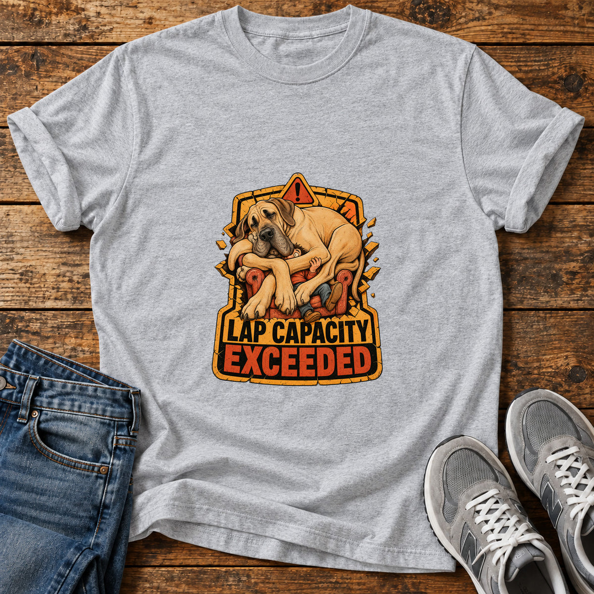 Lap Capacity Exceeded Great Dane graphic T-shirt in Sport Grey, shown on a flat-lay shirt mockup