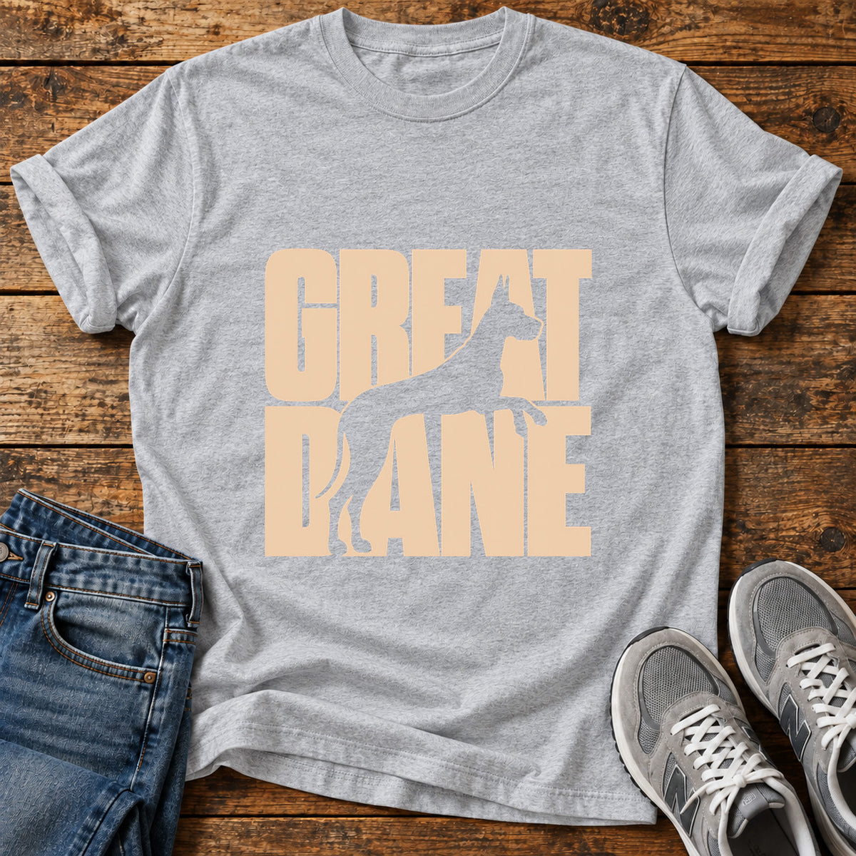 Great Dane graphic T-shirt in Sport Grey, shown on a flat-lay shirt mockup