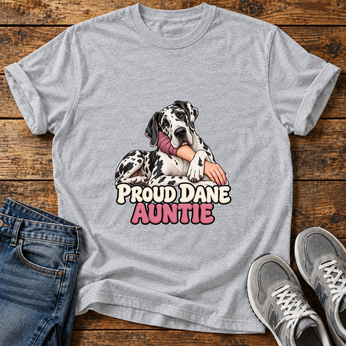 Proud Dane Auntie Great Dane graphic T-shirt in Sport Grey, shown on a flat-lay shirt mockup