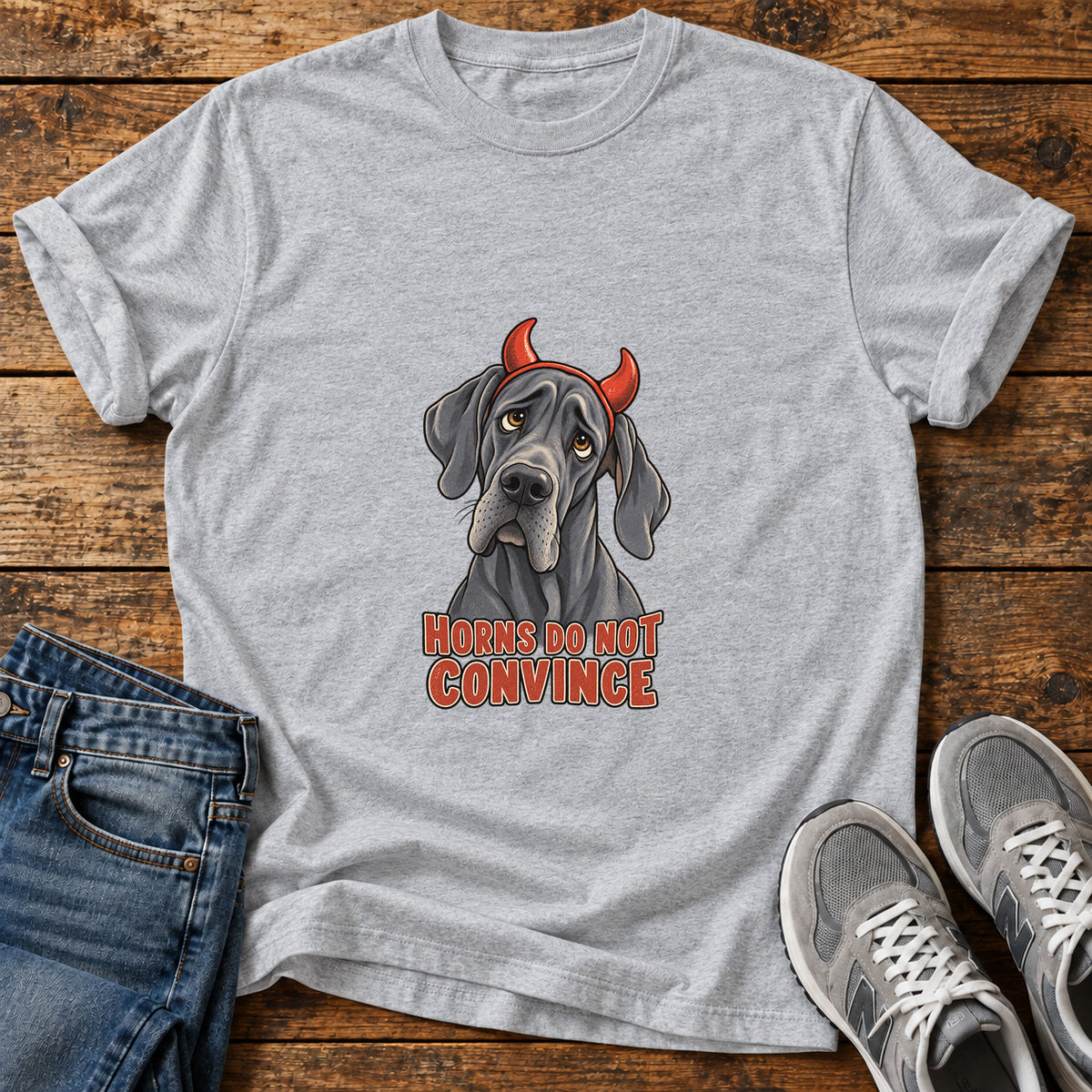 Horns Do Not Great Dane graphic T-shirt in Sport Grey, shown on a flat-lay shirt mockup